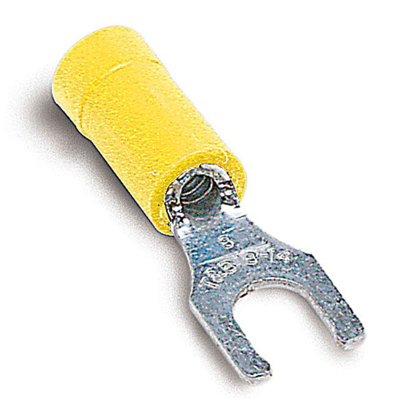 Sta-Kon RC2227 RC Series Insulated Fork Terminal, 12 to 10 AWG Conductor, 1.09 in L, Brazed Seam/Serrated Barrel, Copper, Yellow